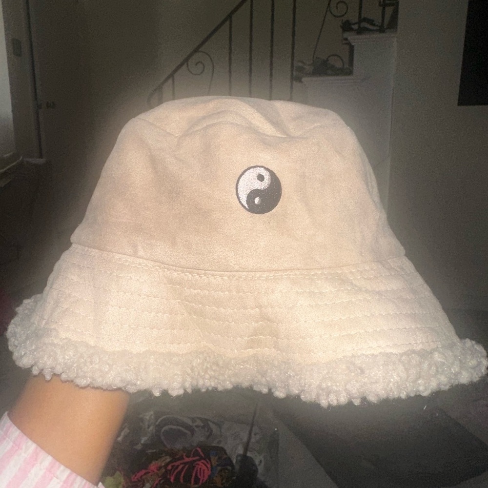 Beige Bucket Hat with Yin Yang Design